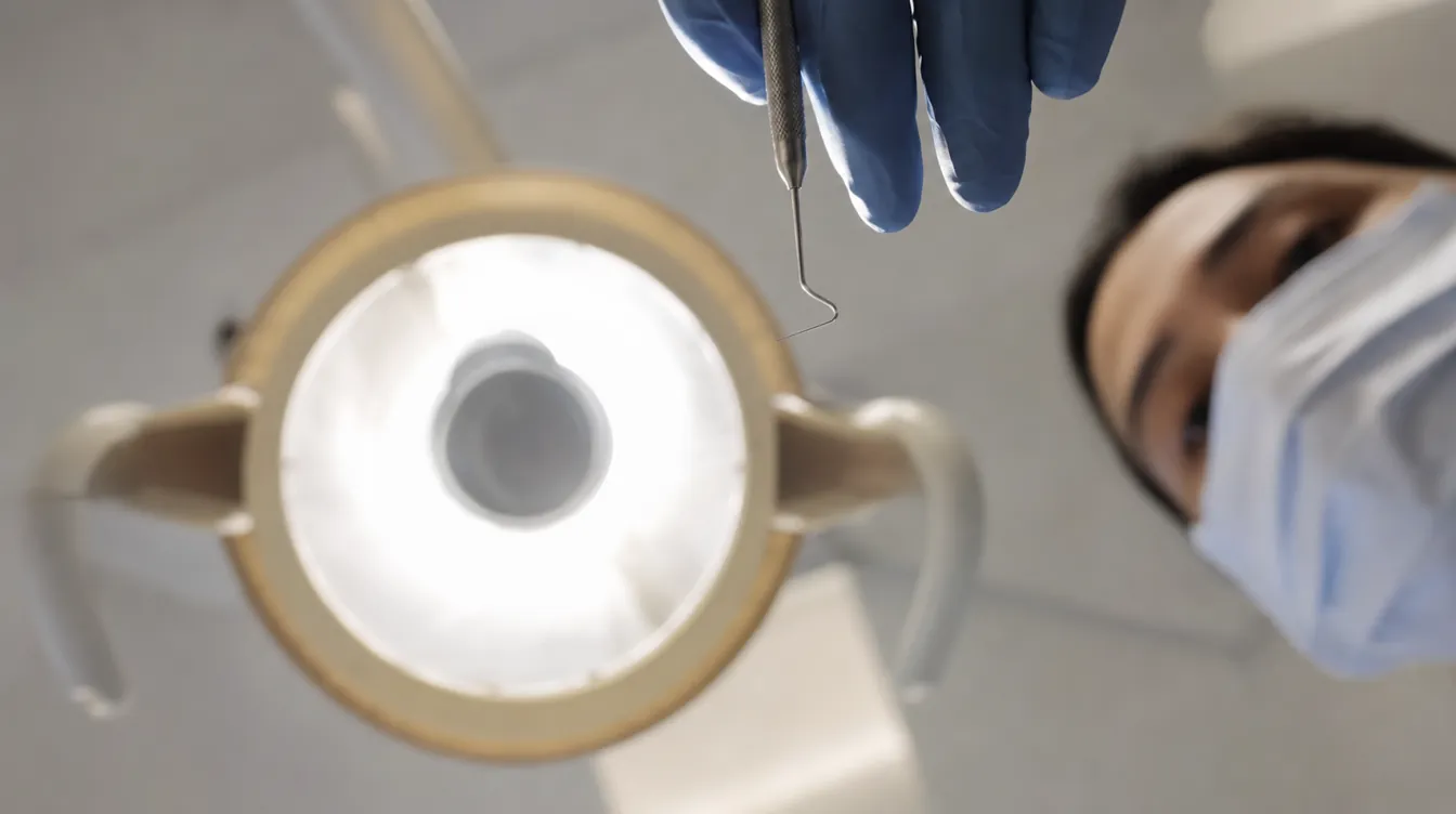 A patient's point of view in a dental chair, a gloved hand and probe entering the frame under a bright light