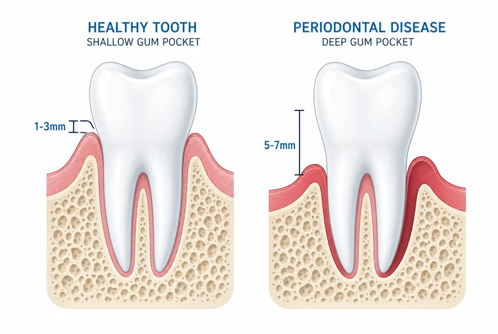 Cross-section comparison: a shallow healthy pocket measured at 1 to 3mm versus a deep pocket at 5 to 7mm with bone loss below